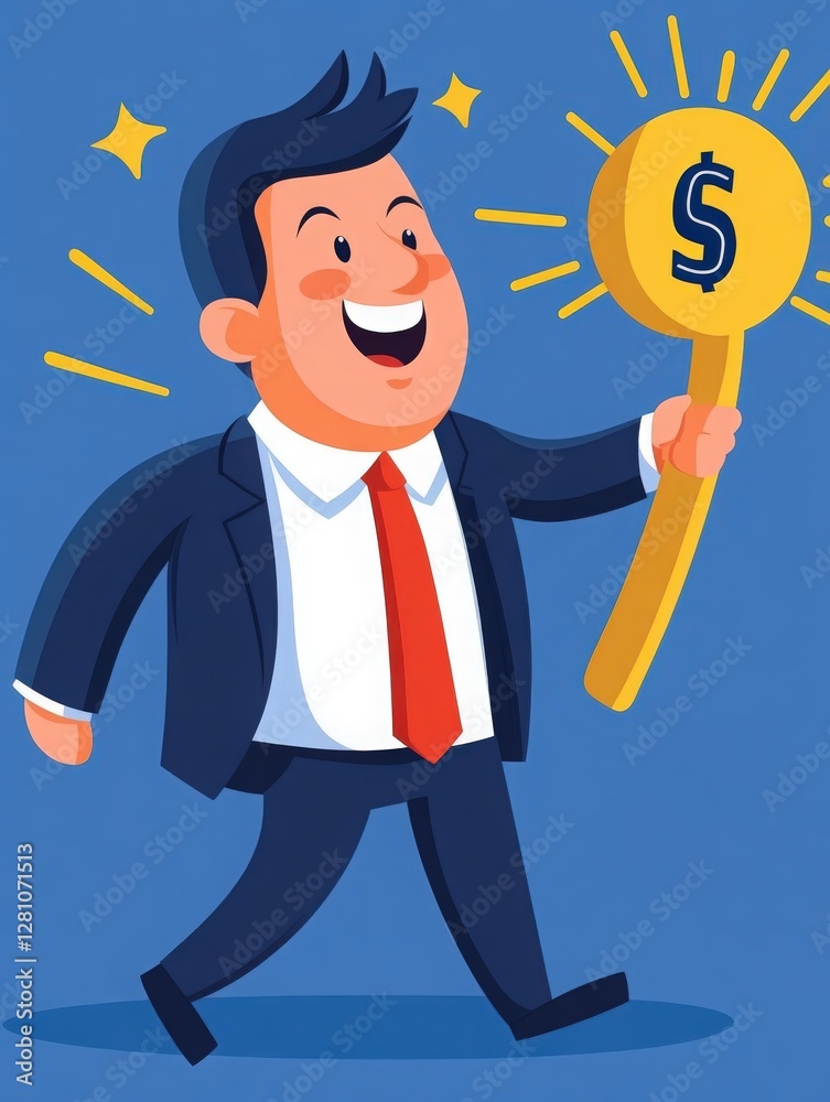 Happy Businessman Walking with Golden Dollar Scepter
