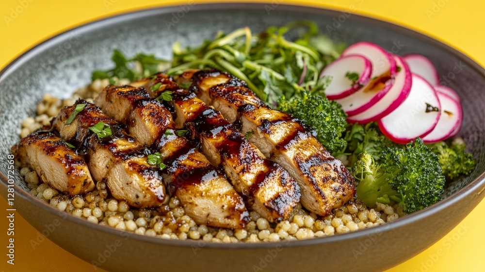 Grilled chicken with vegetables and couscous in a bowl. Grilled chicken with vegetables and couscous in a bowl.