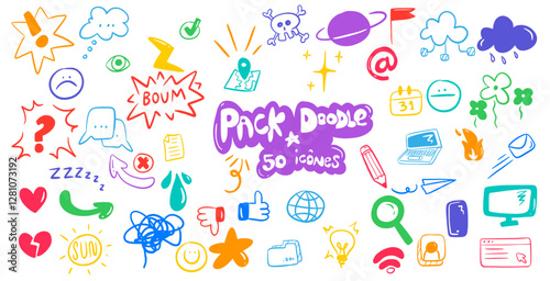 Pack de 50 icônes DOODLE couleurs POP vecteur	