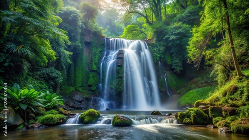 waterfall in dense forest, natural world, outdoors,  natural world, outdoors, wilderness, forest, calm, nature, gentle