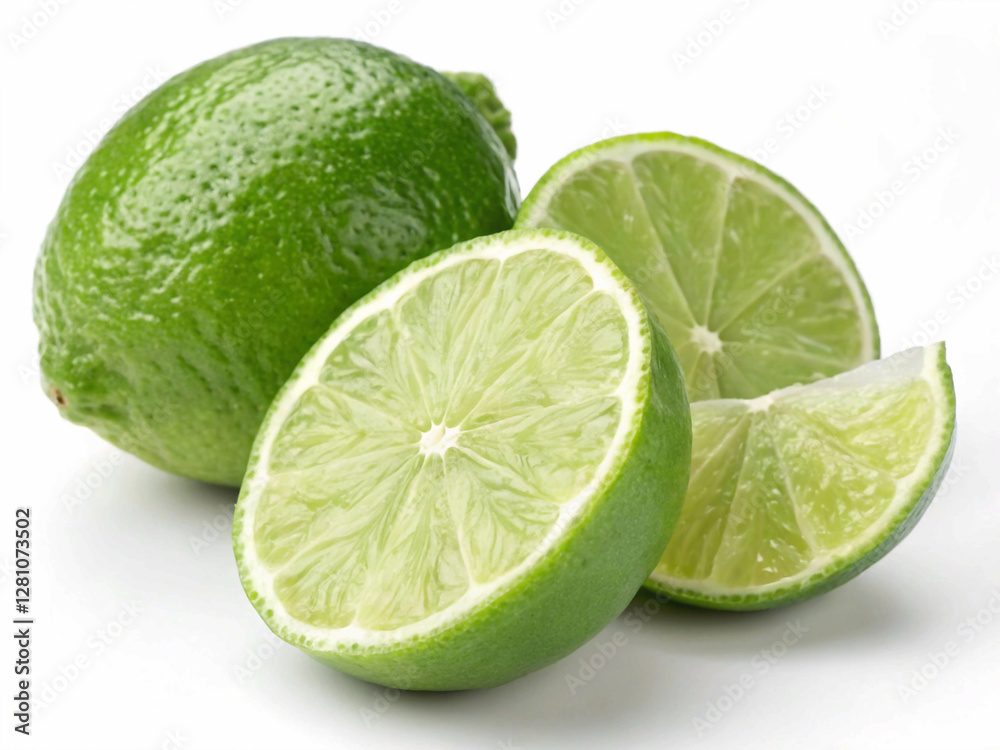 A whole lime and two halves, revealing their juicy segments, are presented on a white background, emphasizing their refreshing, citrusy appeal A whole lime and two halves, revealing their juicy segments, are presented on a white background, emphasizing their refreshing, citrusy appeal
