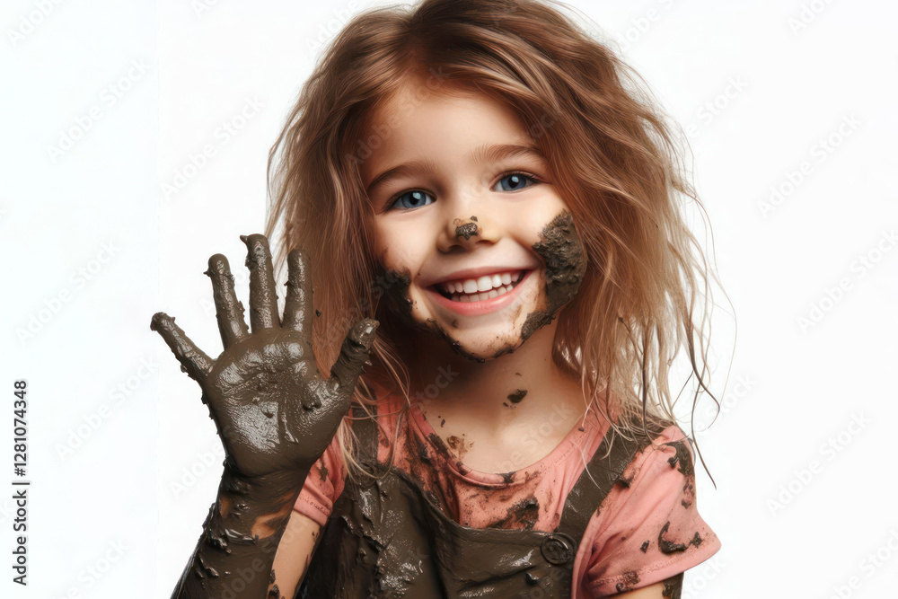 Dirty cheerful girl playing in mud smiling isolated white background copy space Dirty cheerful girl playing in mud smiling isolated white background copy space