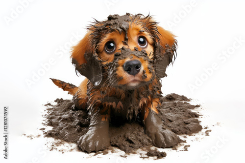 funny dirty little dog in mud isolated white background photo