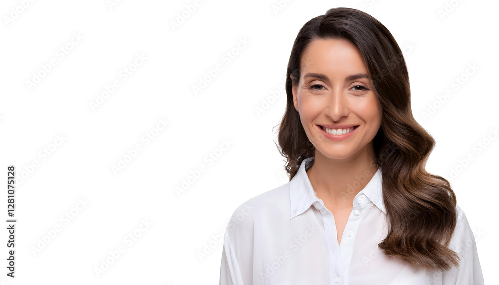 Portrait of a smiling woman in white shirt, isolated on transparent background Portrait of a smiling woman in white shirt, isolated on transparent background