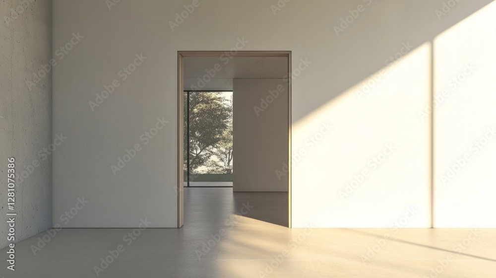Obraz premium Sunlight streams into a serene room through an open door, guiding the eye to a peaceful outdoor view. The atmosphere exudes calmness and simplicity, inviting contemplation
