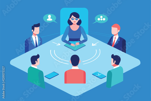 "Business Team Collaborating via Holographic Conference Call Vector Illustration"

