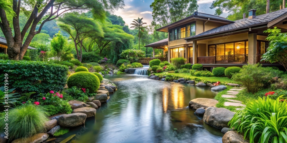 Tranquil residence surrounded by lush greenery and water features, with a gentle stream flowing through it , gentle stream , natural beauty Tranquil residence surrounded by lush greenery and water features, with a gentle stream flowing through it , gentle stream , natural beauty