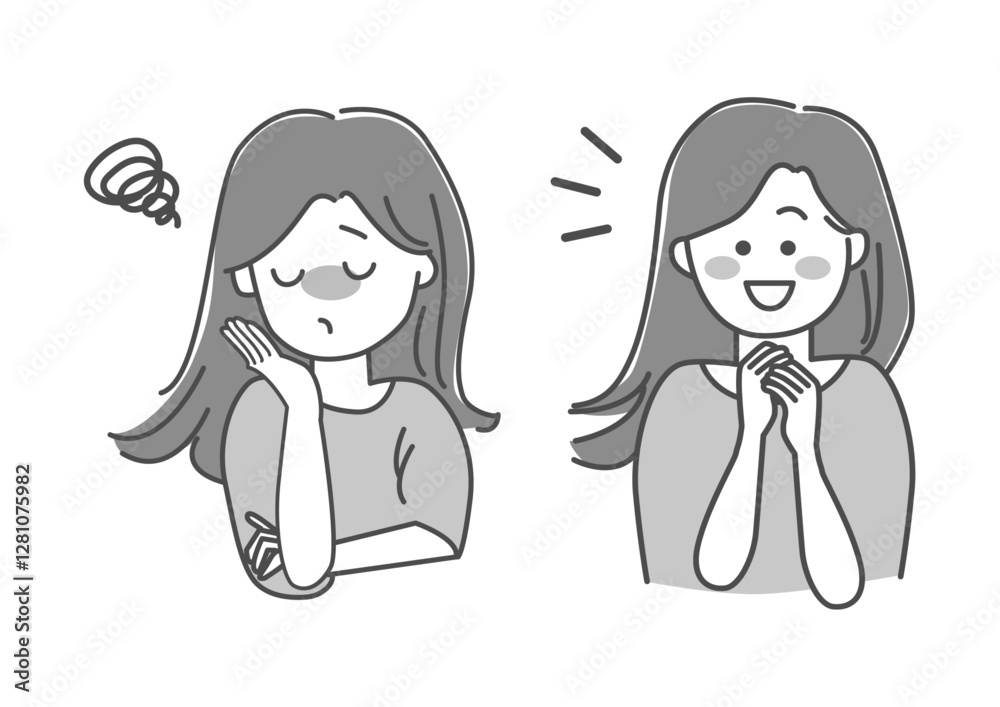 悩む女性と笑顔の女性のイラスト素材 悩む女性と笑顔の女性のイラスト素材
