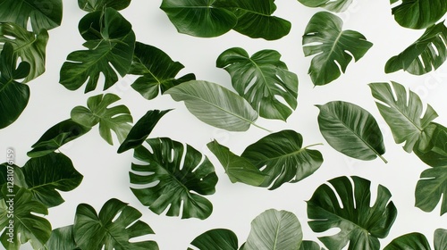 An isolated collection of green leaves from tropical regions on a white background