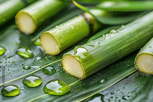 Fresh bamboo stalks and large dewdrops with bamboo extract rest on leaves, spa, hair and skin care.