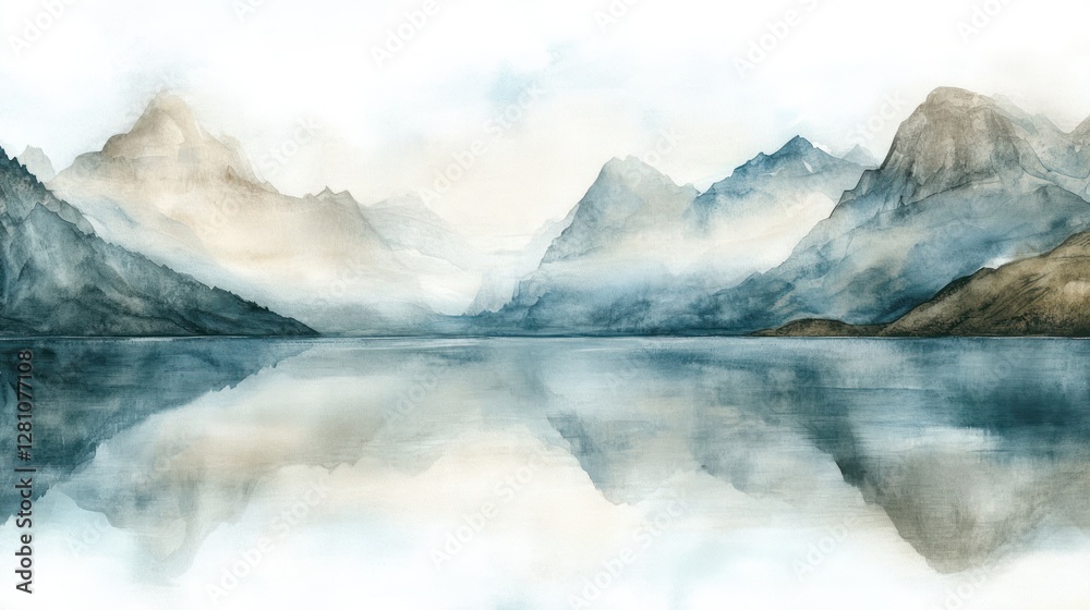 Serene Mountain Lake Reflection: A Watercolor Landscape Serene Mountain Lake Reflection: A Watercolor Landscape