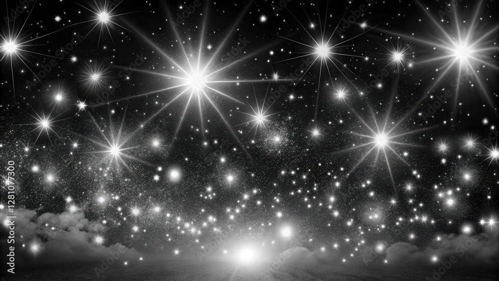 Dark Starry Night Scene with Twinkling Stars and Shining Circles in Black and White, shining, orbit Dark Starry Night Scene with Twinkling Stars and Shining Circles in Black and White, shining, orbit