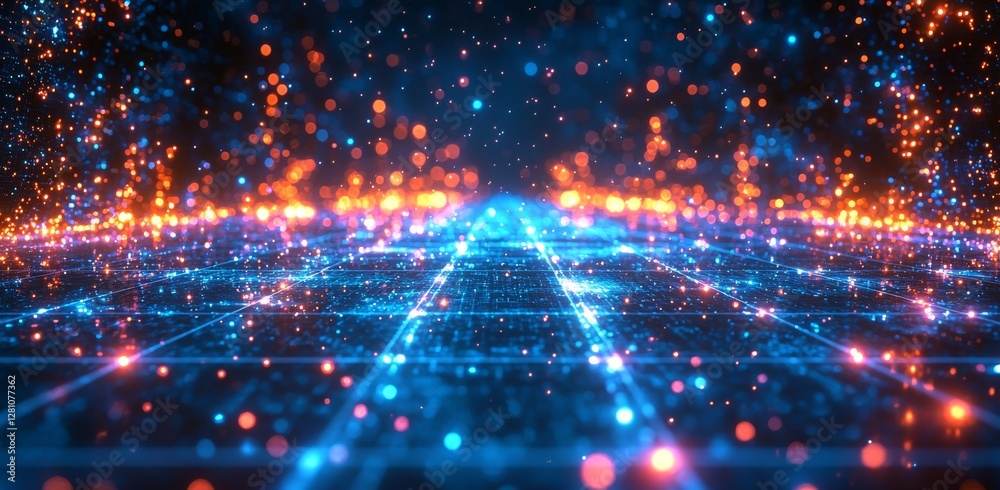 This is an abstract illustration representing a futuristic, high-tech stage and backdrop designed for digital advertising. It embodies a modern vision of the future of technology This is an abstract illustration representing a futuristic, high-tech stage and backdrop designed for digital advertising. It embodies a modern vision of the future of technology
