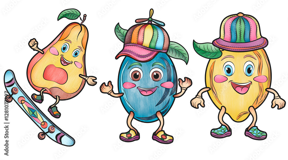 Beautiful cartoon fruits stickers for kids pear lemon plum Beautiful cartoon fruits stickers for kids pear lemon plum