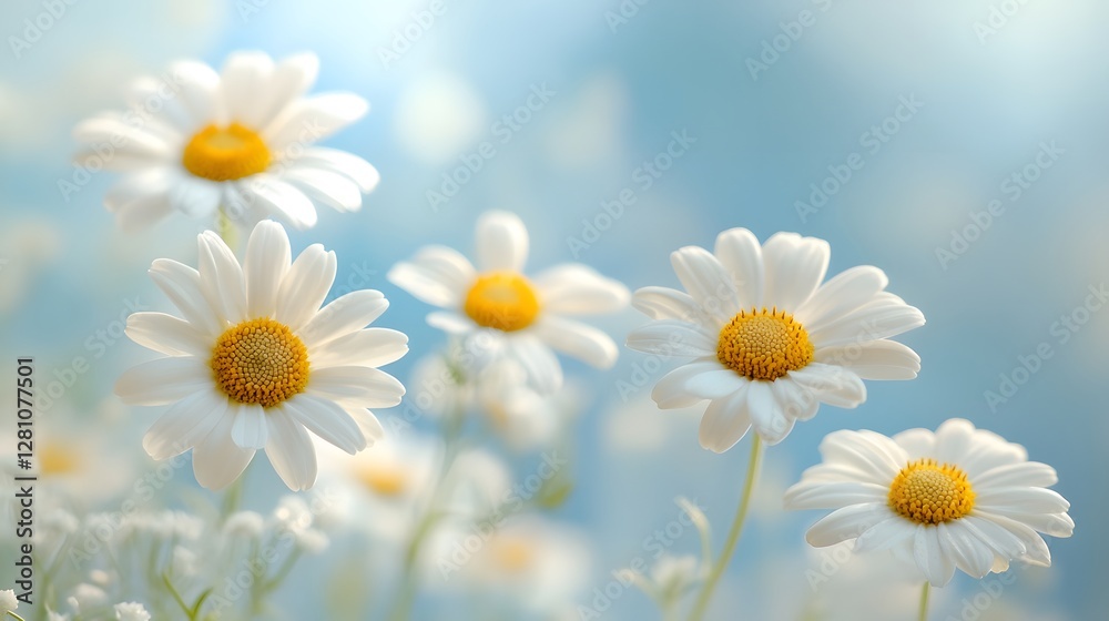 White daisies against a blurred blue sky highlight delicate petals and yellow centers, creating a soft, dreamy summer meadow scene with natural lighting.