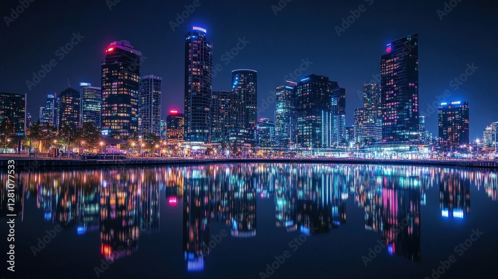 Fototapeta premium Vibrant night cityscape reflections urban skyline photography modern architecture aesthetic view nightlife atmosphere