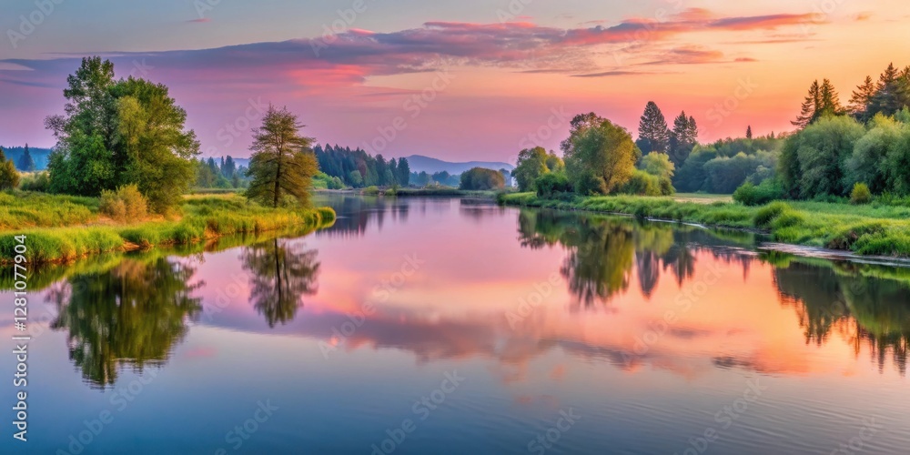 Obraz premium Soft pink hue of sunrise reflected on calm waters of Snohomish River Delta, surrounded by lush greenery and serene landscape in Everett WA , everett wa, nature scenery
