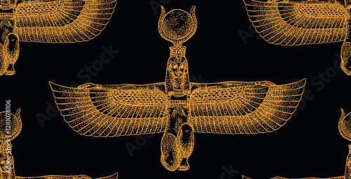 Golden Ancient isis goddess with hieroglyphics and black background. 