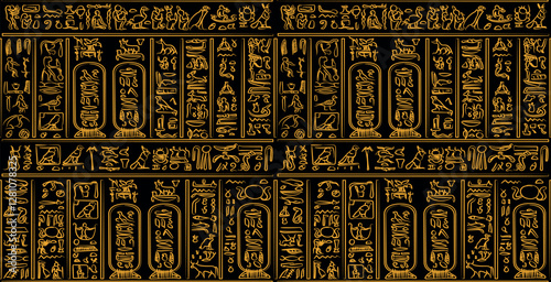 Golden ancient egyptian hieroglyphs alphabet pattern over black background. Ancient egyptian and ancient culture concept