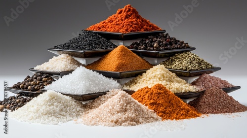Fototapeta Naklejka Na Ścianę i Meble -  Diverse pyramid of spices and salts in vibrant colors on square dishes