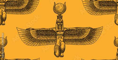 Beautiful ancient egypt isis goddess figure seamless pattern with golden background