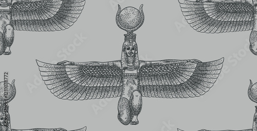 Beautiful ancient egypt isis goddess figure seamless pattern with dark background