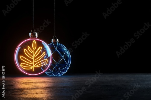 A high-tech tree adorned with transparent ornaments that contain neon-colored holograms, reflecting a modern and tech-inspired design