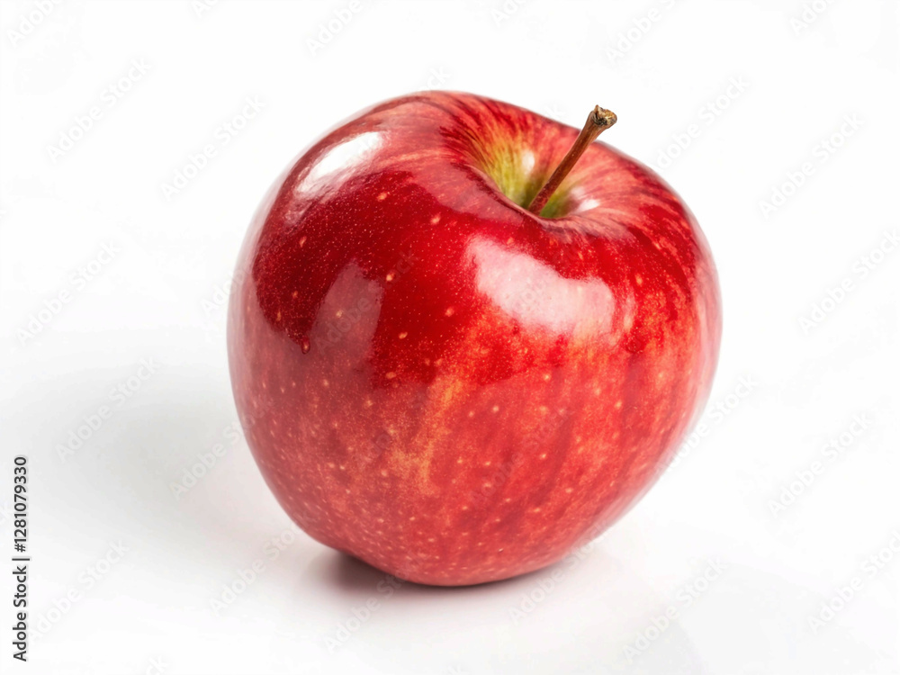 A single, vibrant red apple, with subtle highlights and its stem intact, is presented against a clean white background A single, vibrant red apple, with subtle highlights and its stem intact, is presented against a clean white background