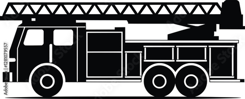 Black and White Fire Truck Silhouette, Fire Engine Clipart with Ladder