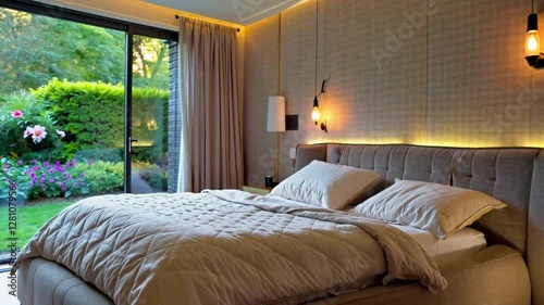 A cozy bedroom with a low-profile bed, textured fabric walls, warm-toned ambient lighting, and a large window overlooking a lush garden.