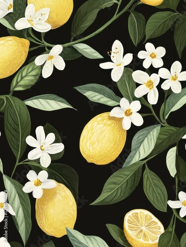 Tropical summer fruit pattern. Citrus tree in hand drawn style. Fabric design with lemons and flowers.