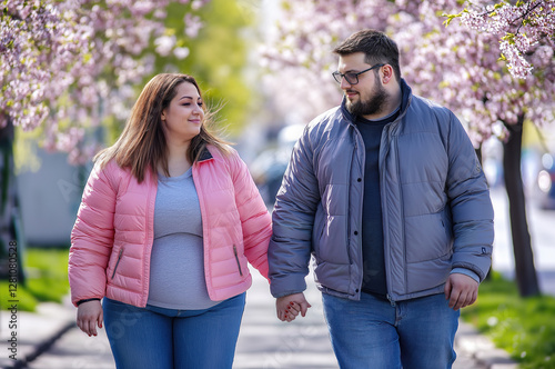 A couple of overweight, obese lovers walk down an alley among blossoming trees in springtime
