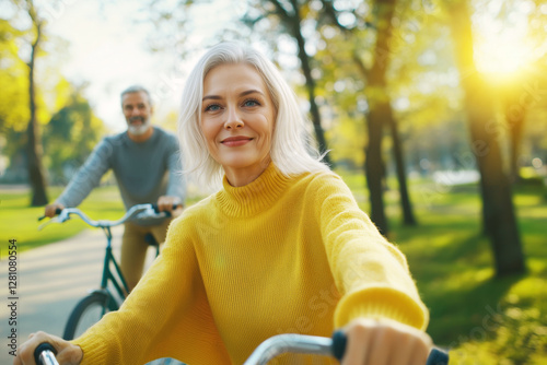 A middle-aged couple riding bicycles against a backdrop of spring green trees