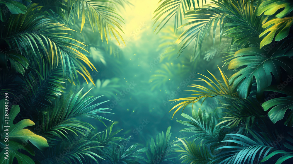 Fototapeta premium Lush tropical jungle canopy with sunlight and green foliage - nature scene for design projects