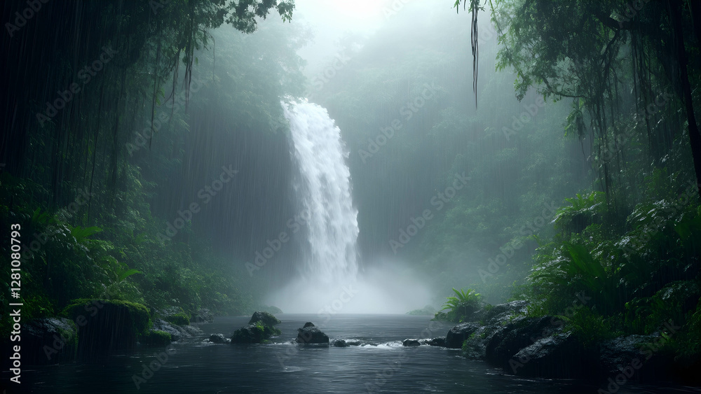 Misty rainforest with a hidden waterfall, surrounded by lush greenery Misty rainforest with a hidden waterfall, surrounded by lush greenery