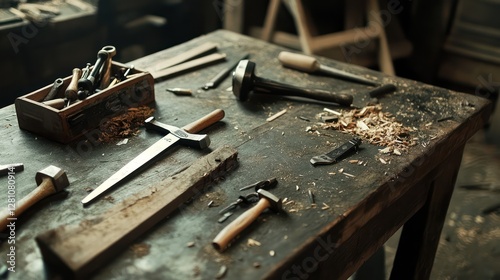 A carpenter’s tools neatly arranged on a wooden work surface, featuring a hammer, hand saw, drill, precision measuring tools, and nails.