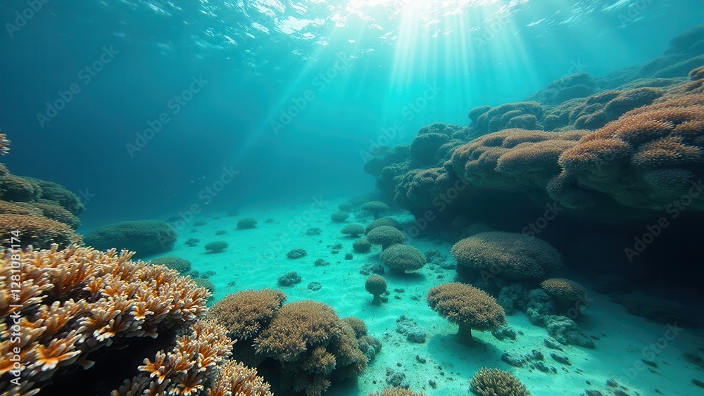 Fototapeta premium Sunlit underwater view of coral reef affected by coral bleaching in ocean 