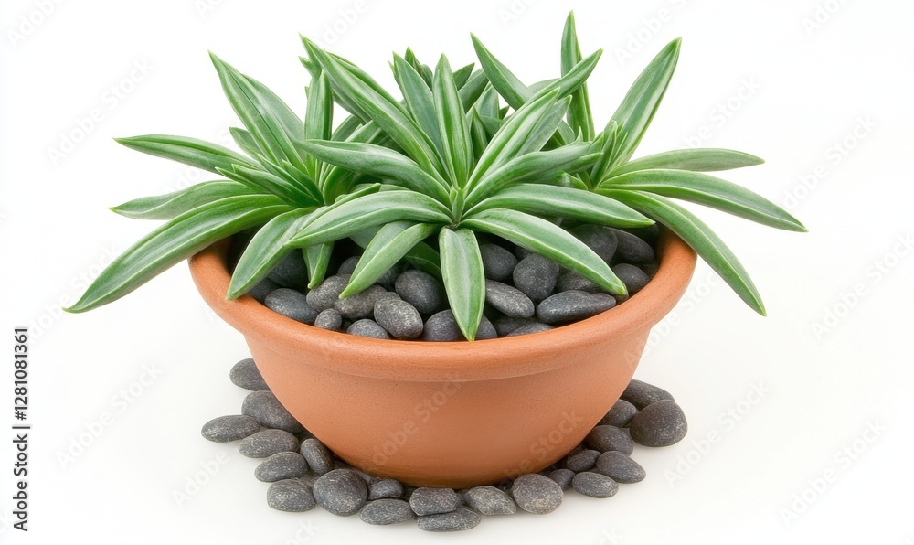 A vibrant potted plant with lush green leaves and smooth pebbles, set against a clean background A vibrant potted plant with lush green leaves and smooth pebbles, set against a clean background