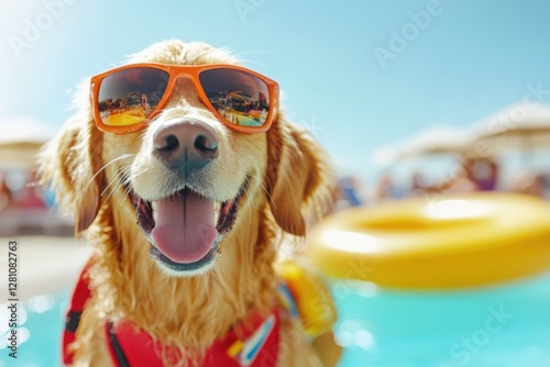 Cheerful golden retriever lifeguard at sunny poolside with floatation device ready for fun