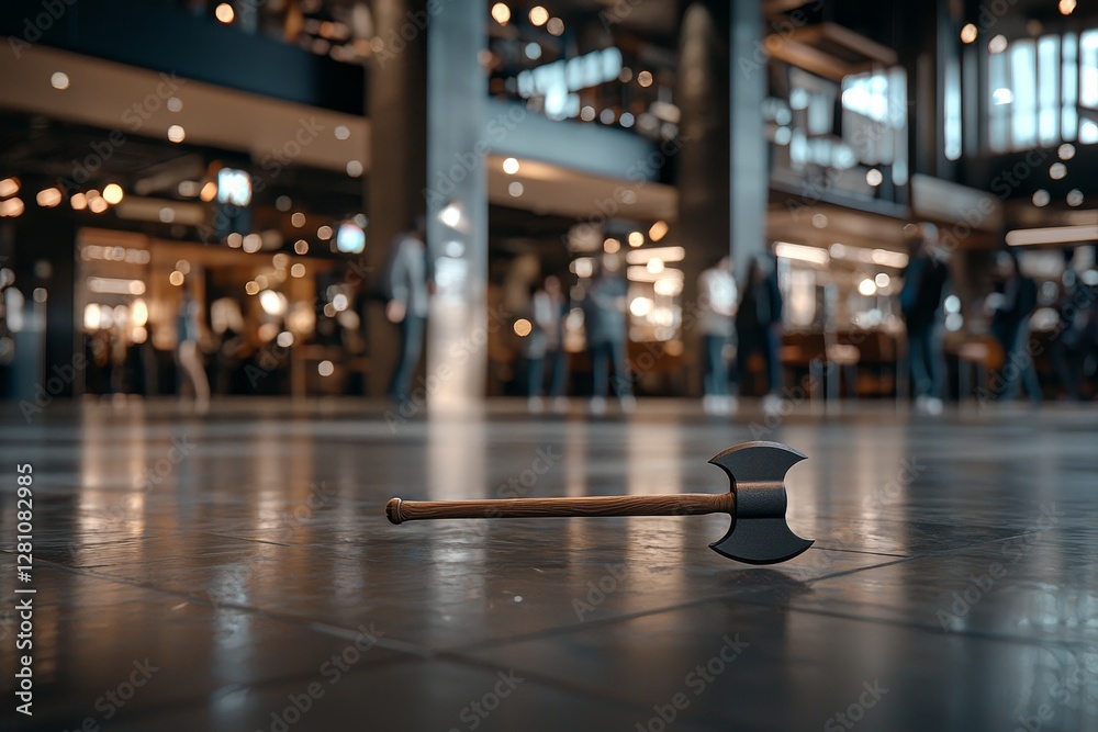 A sleek, 3D-rendered axe pick suspended in a high-tech showroom, surrounded by digital displays of its measurements and features A sleek, 3D-rendered axe pick suspended in a high-tech showroom, surrounded by digital displays of its measurements and features