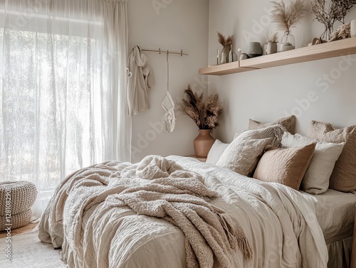 A warm bedroom shows simple decor with neutral color palettes