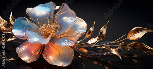 flower with glittercore skin and filigree transparent metallic rainbow leaf, ai generative