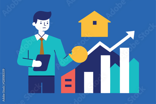 "Investor Reviewing Real Estate Opportunities with Property Market Trends Vector Illustration"

