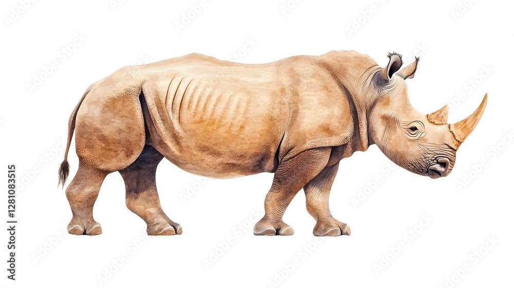 Fototapeta premium Full Body Watercolor Illustration of a Rhinoceros on White Background
