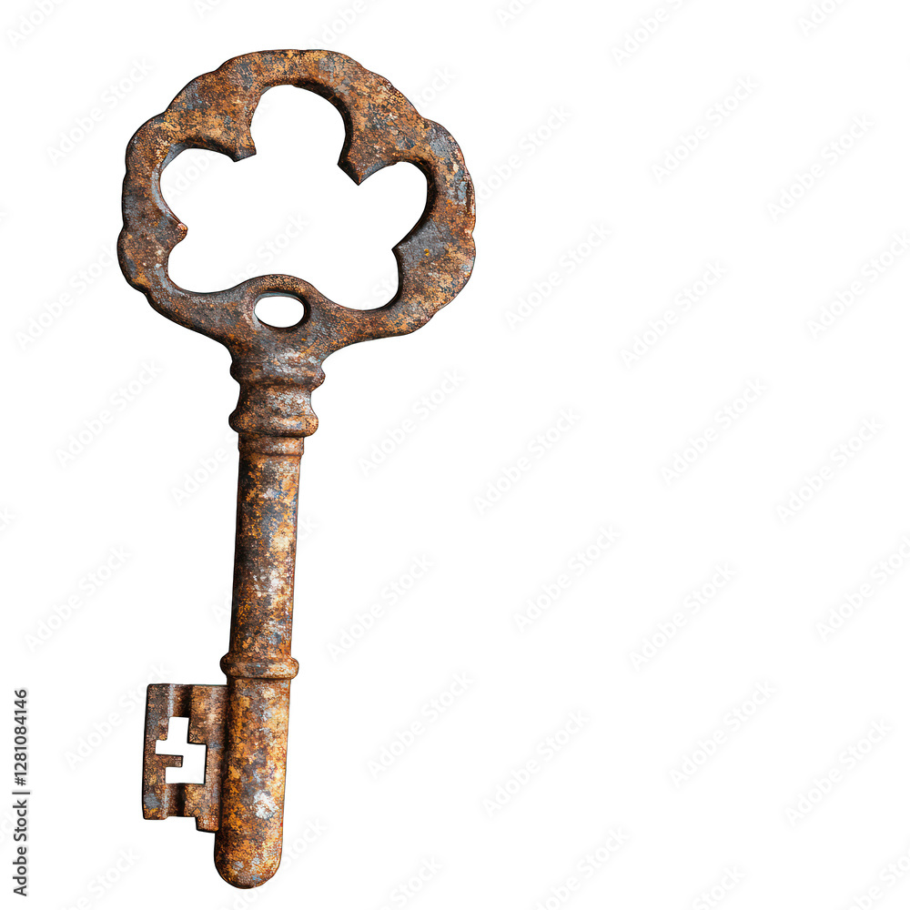 Rusty and broken pirates lost treasure key isolated on transparent background