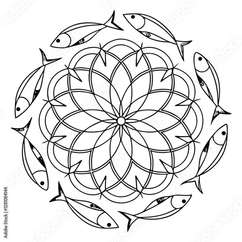 Fish Mandala Coloring Page: Intricate Floral Design with Aquatic Animals, Printable Art Therapy for Relaxation and Creative Expression