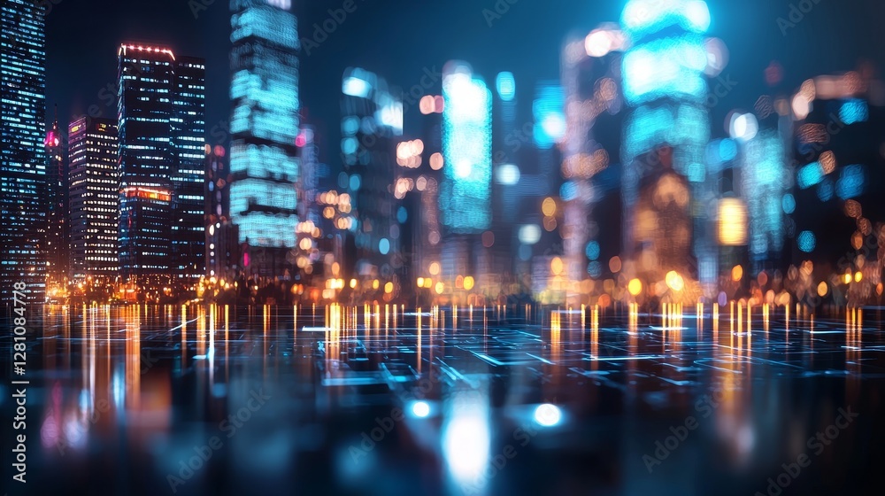 Fototapeta premium A futuristic landscape bathed in glowing lights and intricate technology lines, exuding a sense of high-tech movement and excitement