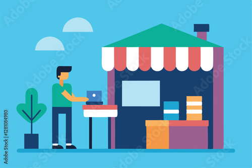 "Small Business Owner Setting Up Their Store Vector Illustration"

