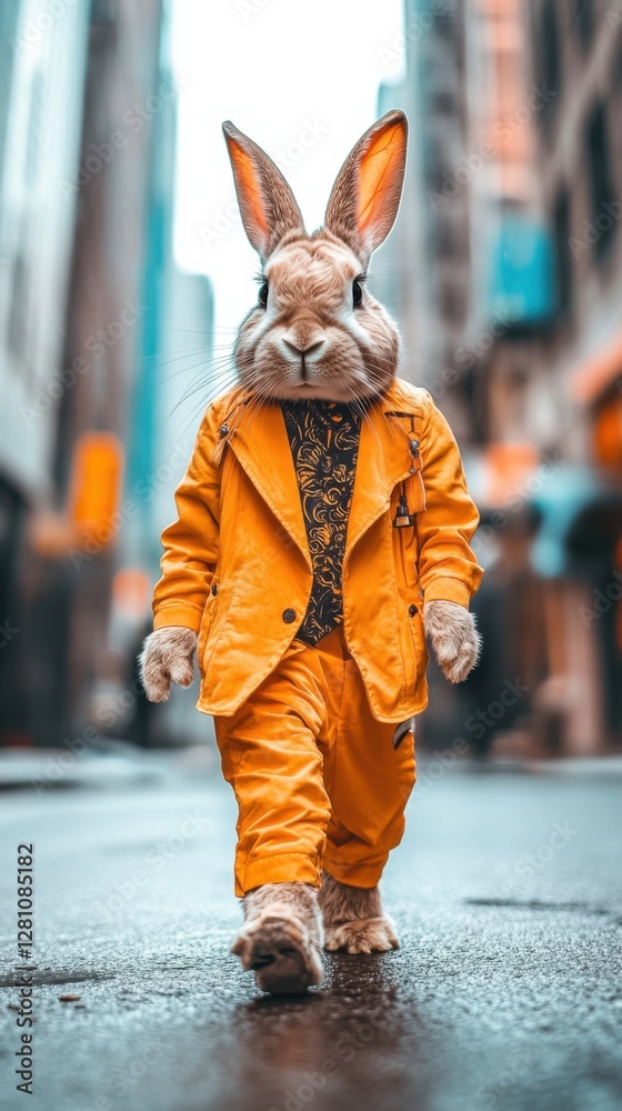 Obraz premium Fashionable rabbit in designer suit enjoys a stroll through the vibrant city streets