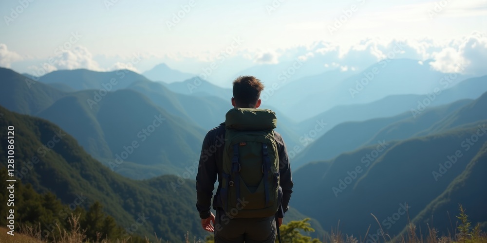vast mountain landscape, with layers of rolling hills stretching into the distance. Low-hanging clouds hover above the peaks, while a lone backpacker stands with his back to the camera, vast mountain landscape, with layers of rolling hills stretching into the distance. Low-hanging clouds hover above the peaks, while a lone backpacker stands with his back to the camera,